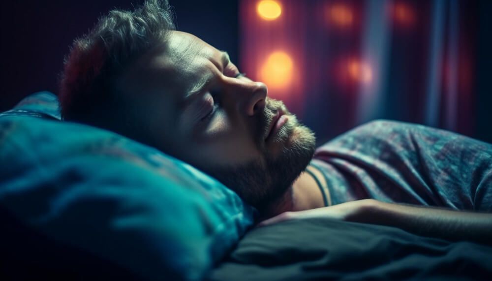 Hombre mediana edad durmiendo de lado en la cama